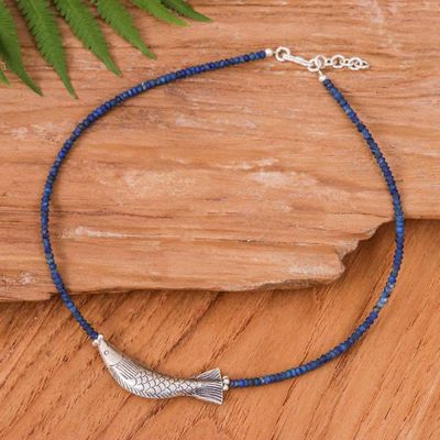 Alternate image for Lapis Lazuli Silver Beaded Fish-Themed Pendant Necklace Fish Fantasy