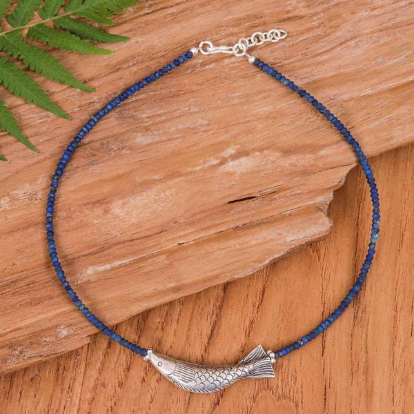 Alternate image for Lapis Lazuli Silver Beaded Fish-Themed Pendant Necklace Fish Fantasy