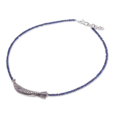 Alternate image for Lapis Lazuli Silver Beaded Fish-Themed Pendant Necklace Fish Fantasy