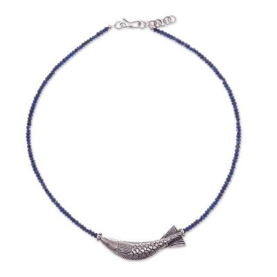 Alternate image for Lapis Lazuli Silver Beaded Fish-Themed Pendant Necklace Fish Fantasy