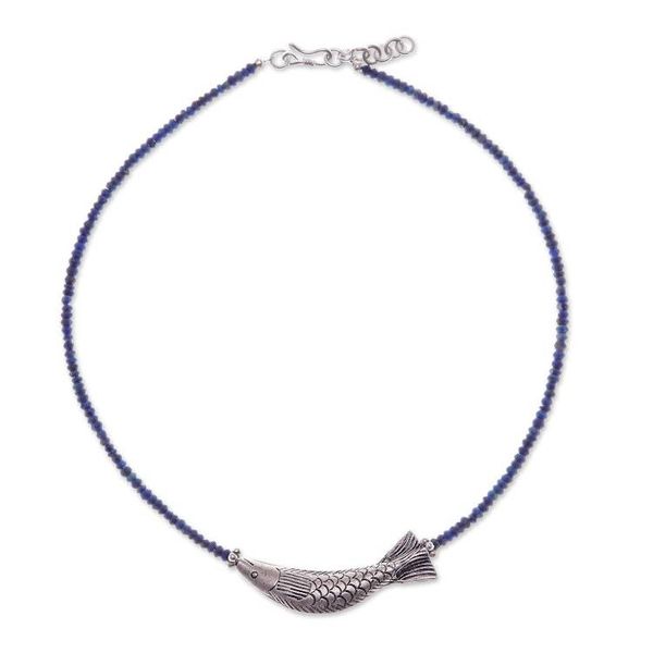 Alternate image for Lapis Lazuli Silver Beaded Fish-Themed Pendant Necklace Fish Fantasy