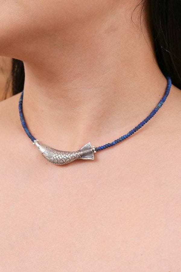 Alternate image for Lapis Lazuli Silver Beaded Fish-Themed Pendant Necklace Fish Fantasy