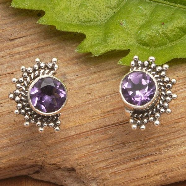Alternate image for Polished Sterling Silver Stud Earrings with Amethyst Stones Crescent Wisdom