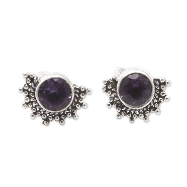 Alternate image for Polished Sterling Silver Stud Earrings with Amethyst Stones Crescent Wisdom