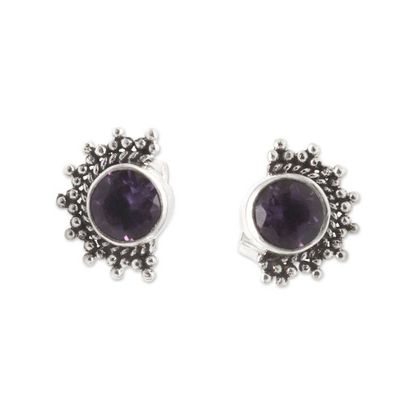 Alternate image for Polished Sterling Silver Stud Earrings with Amethyst Stones Crescent Wisdom