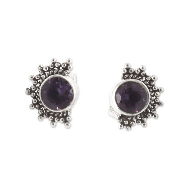 Alternate image for Polished Sterling Silver Stud Earrings with Amethyst Stones Crescent Wisdom