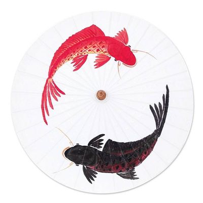 Alternate image for Hand-Painted Cotton and Bamboo Thai Parasol with Fish Motif Charming Couple