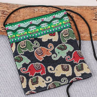 Primary image for Small Handcrafted Cotton-Blend Shoulder Bag Many Elephants in Green