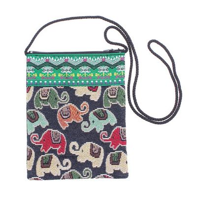 Alternate image for Small Handcrafted Cotton-Blend Shoulder Bag Many Elephants in Green
