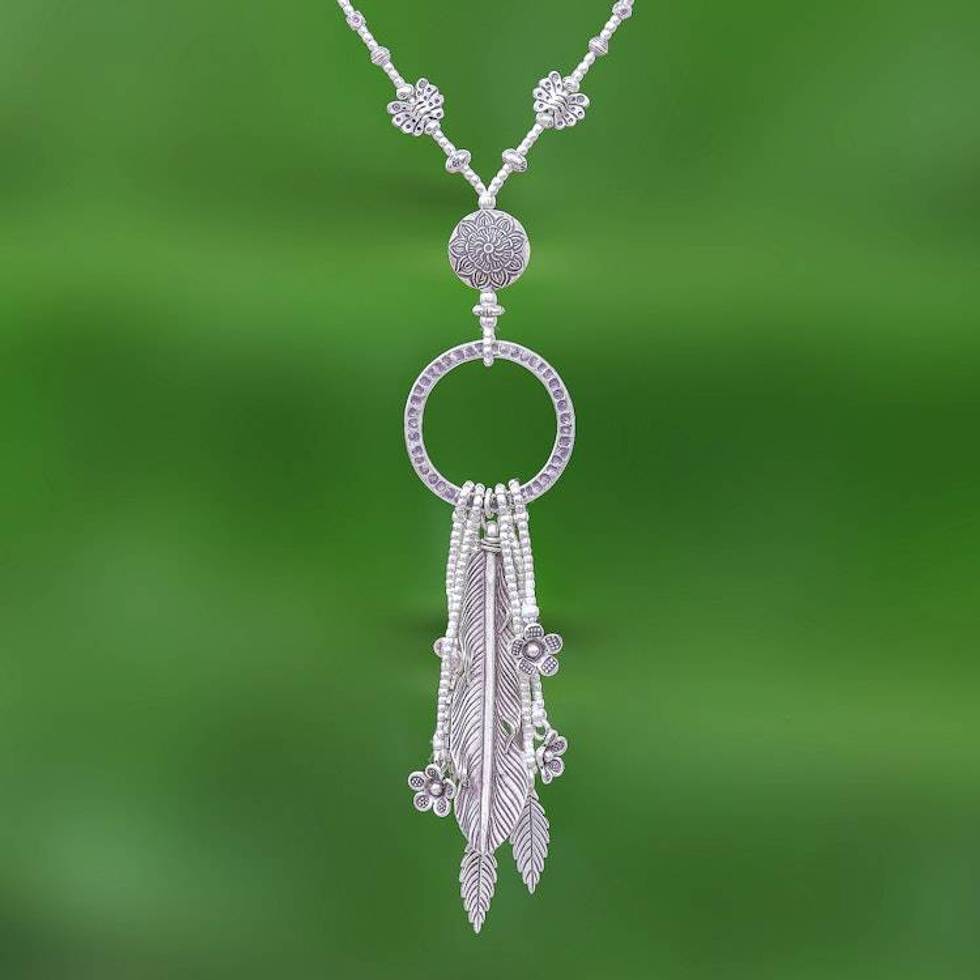 Feather and Flower 950 Silver Y-Necklace 'Feather Ring'