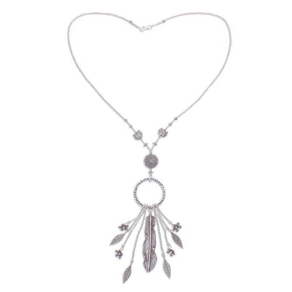 Alternate image for Feather and Flower 950 Silver Y-Necklace Feather Ring
