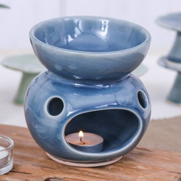 Alternate image for Blue Thai Celadon Ceramic Oil Burner with Orchid Motif Sublime Orchid