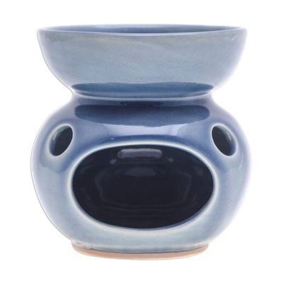 Alternate image for Blue Thai Celadon Ceramic Oil Burner with Orchid Motif Sublime Orchid