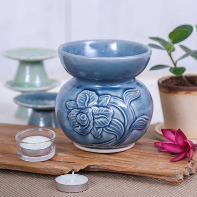 Alternate image for Blue Thai Celadon Ceramic Oil Burner with Orchid Motif Sublime Orchid
