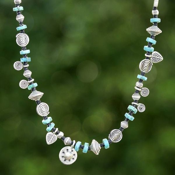 Alternate image for Hill Tribe Silver Reconstituted Turquoise Charm Necklace Spiral Serenity