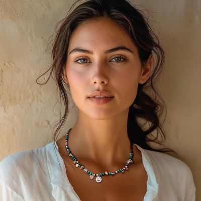 Alternate image for Hill Tribe Silver Reconstituted Turquoise Charm Necklace Spiral Serenity