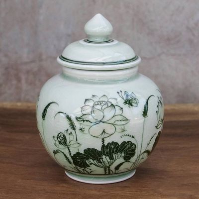 Alternate image for Lotus-Themed Celadon Ceramic Vase from Thailand Regal Lotus