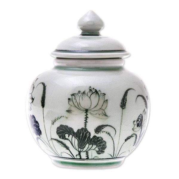 Alternate image for Lotus-Themed Celadon Ceramic Vase from Thailand Regal Lotus