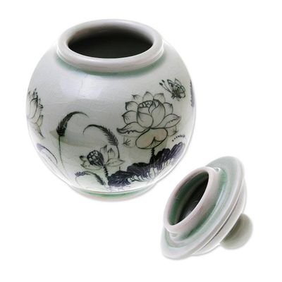 Alternate image for Lotus-Themed Celadon Ceramic Vase from Thailand Regal Lotus