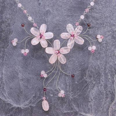 Alternate image for Handcrafted Floral Beaded Rose Quartz Necklace Floral Cascade