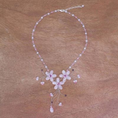 Alternate image for Handcrafted Floral Beaded Rose Quartz Necklace Floral Cascade