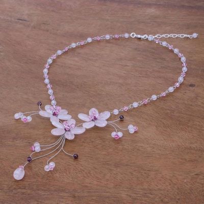 Alternate image for Handcrafted Floral Beaded Rose Quartz Necklace Floral Cascade