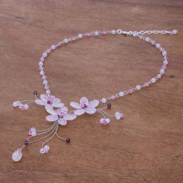 Alternate image for Handcrafted Floral Beaded Rose Quartz Necklace Floral Cascade