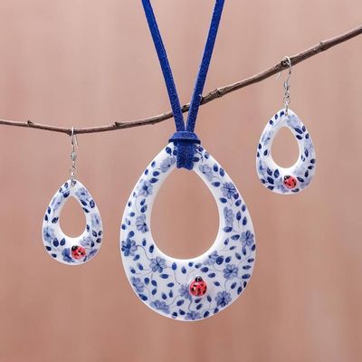 Primary image for Floral Ladybug Ceramic Jewelry Set from Thailand Cute Ladybug