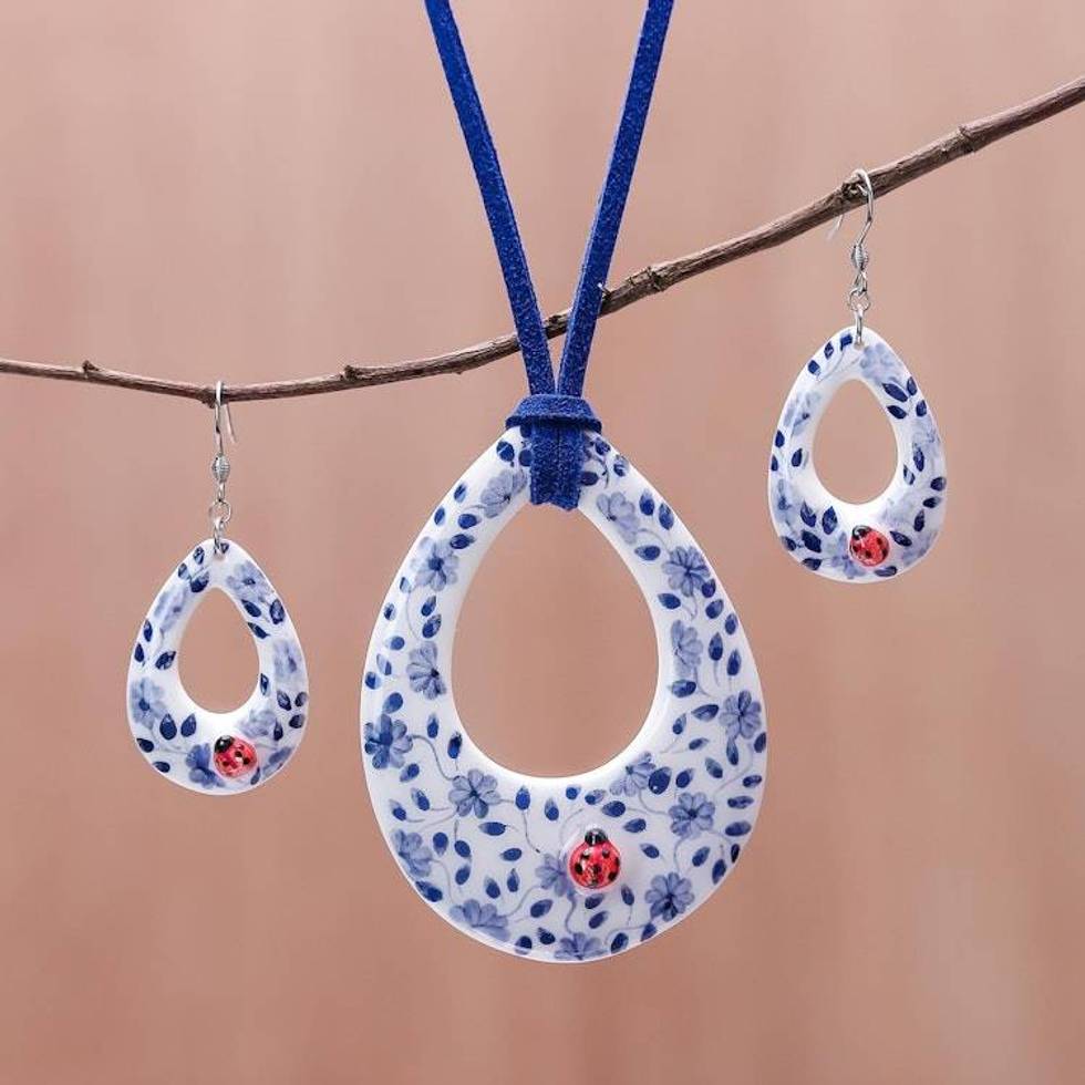 Floral Ladybug Ceramic Jewelry Set from Thailand 'Cute Ladybug'