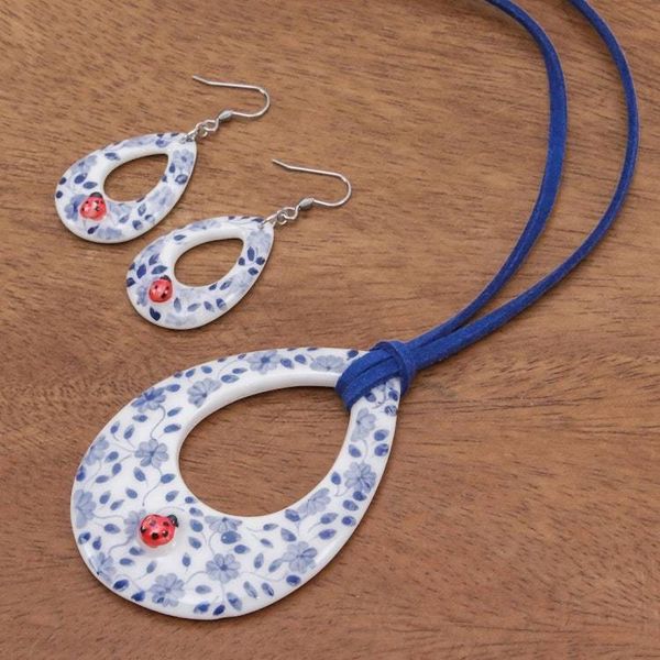 Alternate image for Floral Ladybug Ceramic Jewelry Set from Thailand Cute Ladybug