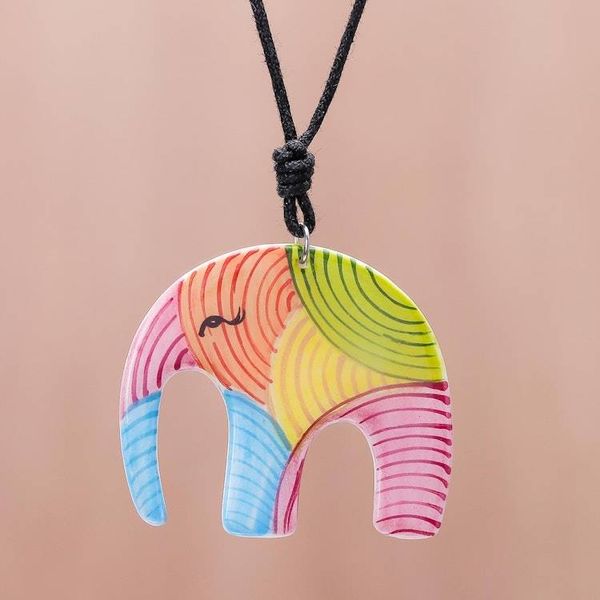 Alternate image for Colorful Elephant Ceramic Pendant Necklace from Thailand Rainbow Elephant