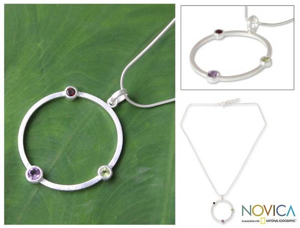 Amethyst and Garnet Silver Pendant Necklace 'Spring Color'