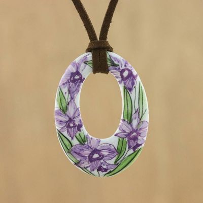 Primary image for Ceramic Thai Handmade Lilac Floral Pendant Necklace Lush Lilac