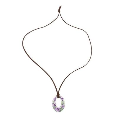Alternate image for Ceramic Thai Handmade Lilac Floral Pendant Necklace Lush Lilac