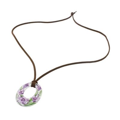 Alternate image for Ceramic Thai Handmade Lilac Floral Pendant Necklace Lush Lilac