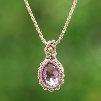 Alternate image for 5.5-Carat Amethyst Macrame Pendant Necklace with Brass Bead Subtle Purple