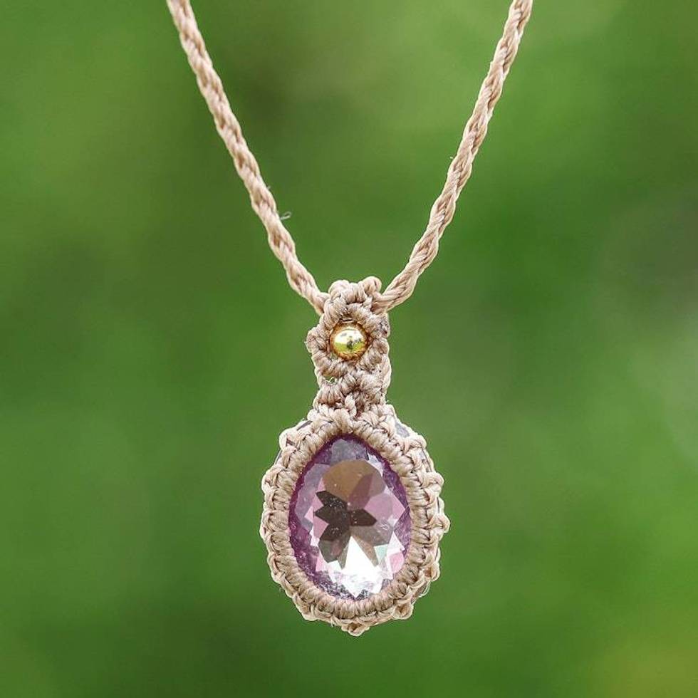 5.5-Carat Amethyst Macrame Pendant Necklace with Brass Bead 'Subtle Purple'