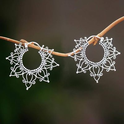 Alternate image for Sterling Silver Hoop Earrings Handcrafted in Bali Halo of Petals