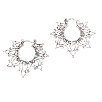 Alternate image for Sterling Silver Hoop Earrings Handcrafted in Bali Halo of Petals