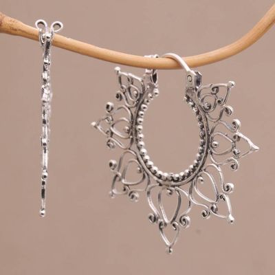 Alternate image for Sterling Silver Hoop Earrings Handcrafted in Bali Halo of Petals