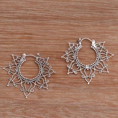 Alternate image for Sterling Silver Hoop Earrings Handcrafted in Bali Halo of Petals