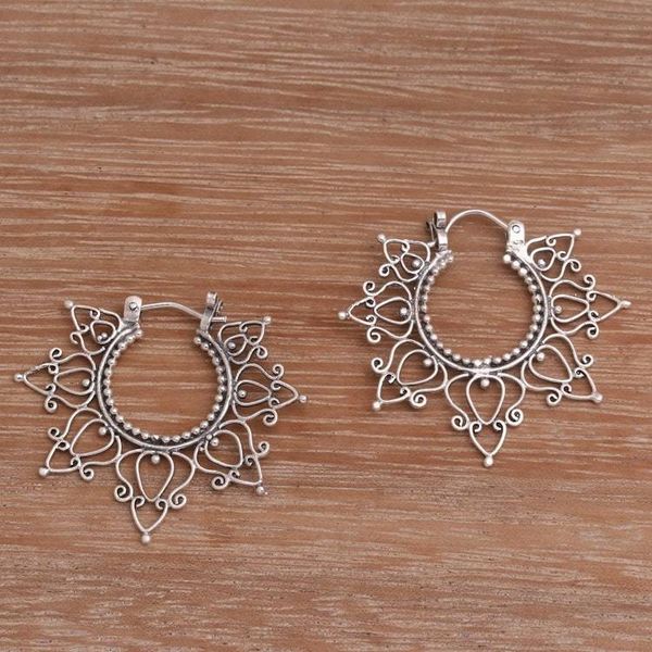 Alternate image for Sterling Silver Hoop Earrings Handcrafted in Bali Halo of Petals