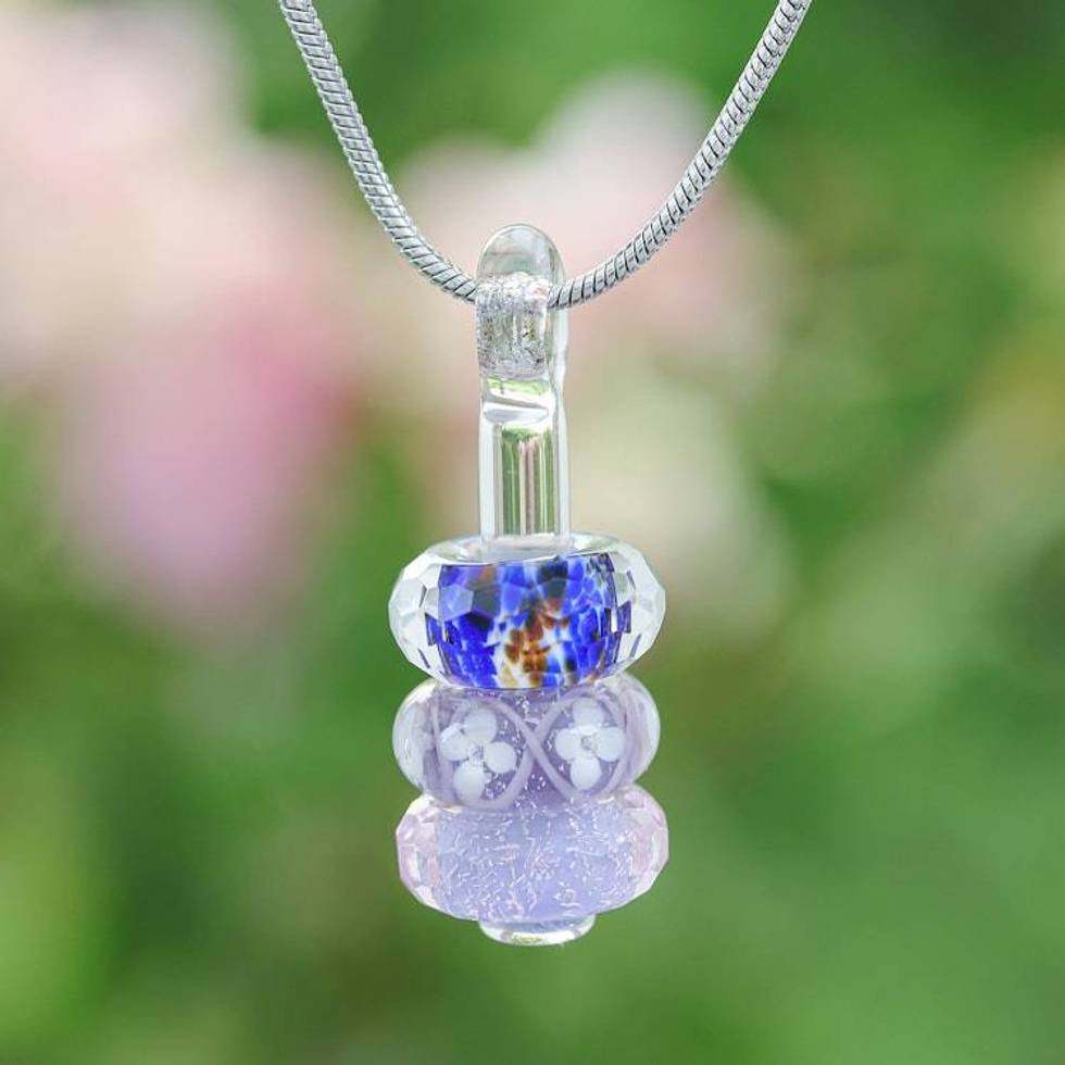Floral Purple and Blue Glass Beaded Pendant Necklace 'Enchanted Amulets'