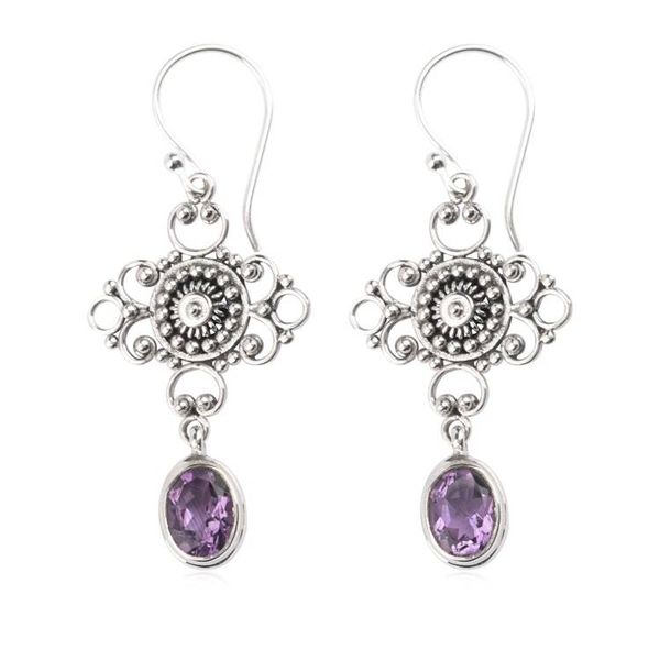 Alternate image for Sterling Silver Dangle Earrings with Faceted Amethyst Gems Purple Beautiful Bali