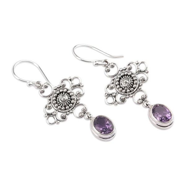Alternate image for Sterling Silver Dangle Earrings with Faceted Amethyst Gems Purple Beautiful Bali