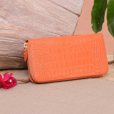 Primary image for Alligator Print Pumpkin Leather Wristlet Wallet with Strap Pumpkin Safari