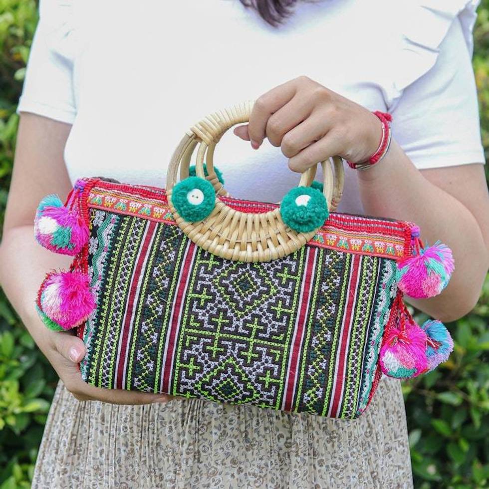 Thai Hill Tribe Cotton and Natural Fiber Blend Handle Bag 'Hill Tribe Beauty'
