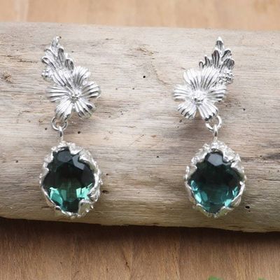 Primary image for Floral Sterling Silver Dangle Earrings with Green Quartz Garden of Compassion