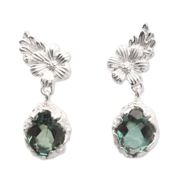 Alternate image for Floral Sterling Silver Dangle Earrings with Green Quartz Garden of Compassion