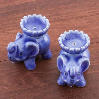 Alternate image for Celadon Ceramic Elephant Incense Holders in Blue Pair Baby Elephants in Blue